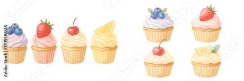 Assorted sweet cupcakes with fruit toppings and creamy frosting