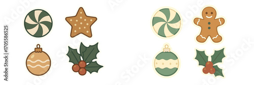 Christmas holiday elements featuring gingerbread man, candy, star cookie, festive ornament, and holly berries