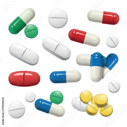 Various Pills and Capsules Scattered on White Background.