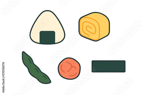 Assortment of traditional Japanese food items including onigiri, tamagoyaki, edamame, and umeboshi