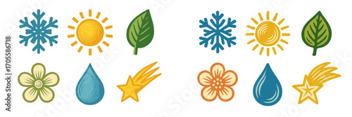 Collection of weather and nature icons with snowflake sun leaf flower raindrop shooting star symbols