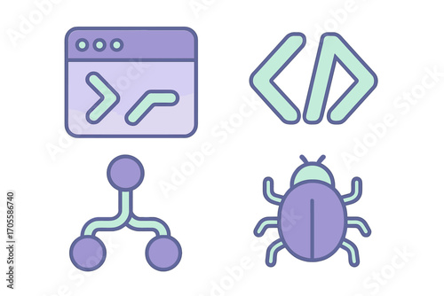 Programming and software development icons for coding, network, and bug symbols