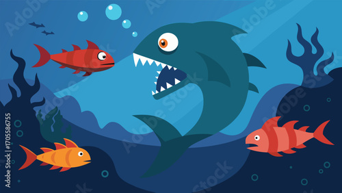 Dramatic underwater battle scene big shark chasing small fish vector illustration eps