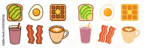 Assorted breakfast food icons: avocado toast, fried egg, waffle, smoothie, bacon, coffee