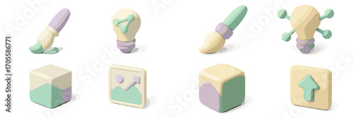 Set of creative design and development icons featuring paintbrushes, lightbulbs, cubes, and arrows in a soft pastel color palette with a modern aesthetic