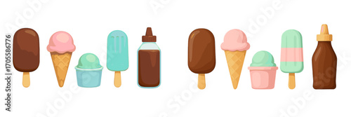 Assortment of colorful frozen desserts and chocolate sauce bottles on white background