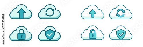 Cloud computing icons for data management, storage, upload, sync, security, and protection services