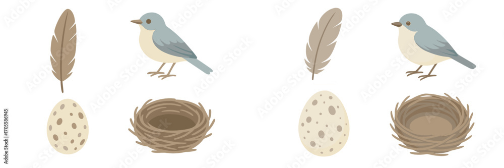 Obraz premium Charming blue birds, natural speckled eggs, soft brown feathers, and cozy empty bird nests for spring and nature themes