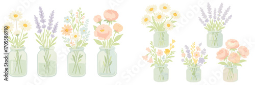 Watercolor floral arrangements in glass jars with daisies, lavender, and peonies