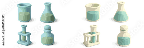Stylized laboratory glassware with colorful liquids for science experiments