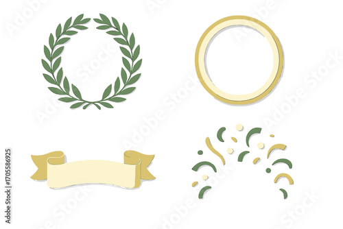 Decorative elements: laurel wreath, ribbon, circle frame, confetti