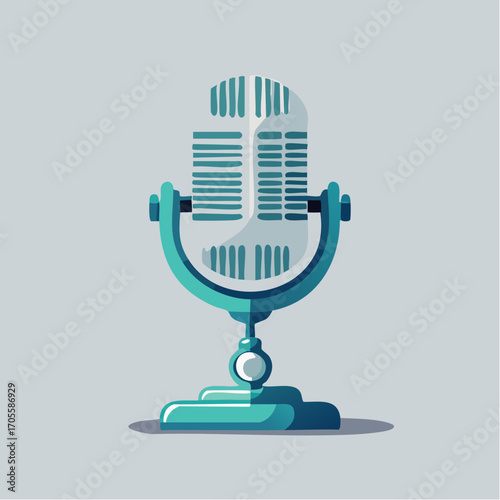 Stylized illustration of a vintage microphone in shades of teal and white against a soft gray backdrop