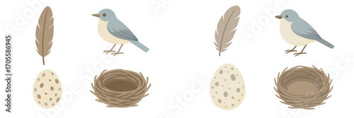 Charming blue birds, natural speckled eggs, soft brown feathers, and cozy empty bird nests for spring and nature themes