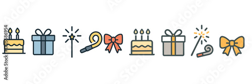 Vibrant birthday party celebration icons featuring cakes, gift boxes, sparkling candles, and festive party blowers for joyful events