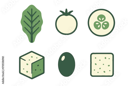 Stylized collection of fresh salad ingredients and healthy food items in a simple graphic style for healthy eating concepts and diet