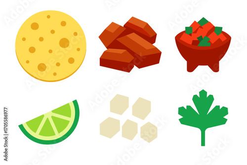 Authentic Mexican Food Staples: Tortilla, Seasoned Meat, Salsa, Lime, Cheese, Cilantro