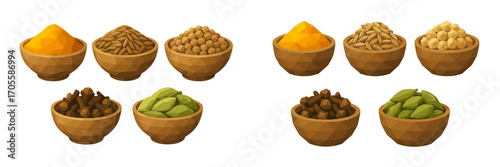 Collection of aromatic spices and healthy legumes in small wooden bowls for cooking and culinary applications
