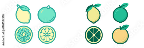 Stylized citrus fruits and slices icons in yellow and teal