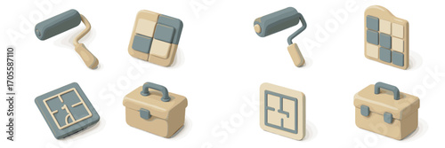 Set of isometric icons for home renovation and construction tools