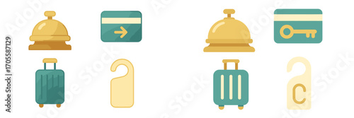 Hotel service symbols: bellhop bell, key card, luggage, and door hanger