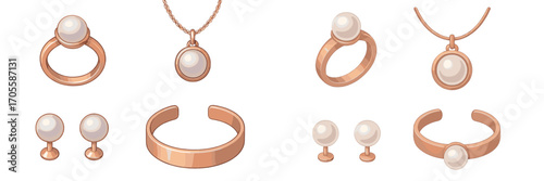 Elegant pearl and rose gold jewelry set with matching rings, pendant necklace, and stud earrings for a luxurious and sophisticated look