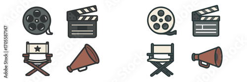 Film production symbols: reels, clapboards, chairs, megaphones