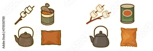 Outdoor adventure cooking essentials: roasted marshmallows, canned beans, camping kettle, dehydrated meal