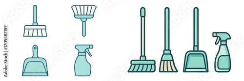 Cleaning supplies: brooms, dustpans, and spray bottles for household tasks