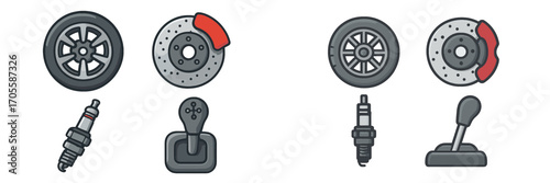 Car Parts Icons: Wheel, Brake Disc, Spark Plug, and Gear Shift Lever