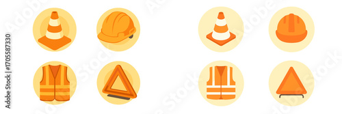 Construction safety gear icons: traffic cone, hard hat, reflective vest, warning triangle