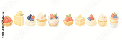 Delicious assortment of sweet desserts, pastries, and baked goods, beautifully adorned with fresh berries and fruit slices