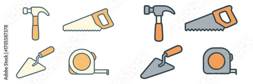 Essential construction and DIY hand tools set featuring hammers, saws, trowels, and tape measures for building and repair projects