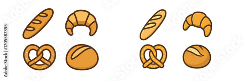Collection of assorted baked goods including baguettes, croissants, pretzels, and rolls