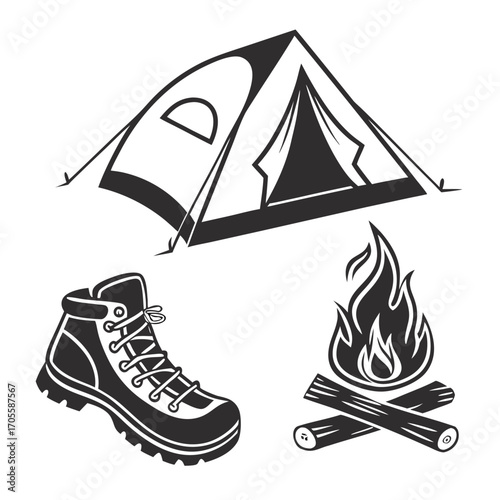 Camping icons including a tent hiking boot and campfire on a white background Keywords: camping tent hiking boot campfire bonfire wood logs outdoor recreation adventure travel equipment gear