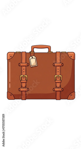 Vintage brown suitcase with leather straps and luggage tag.