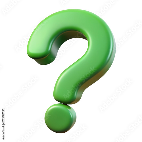 A glossy three dimensional green question mark symbol isolated on transparent background for design use