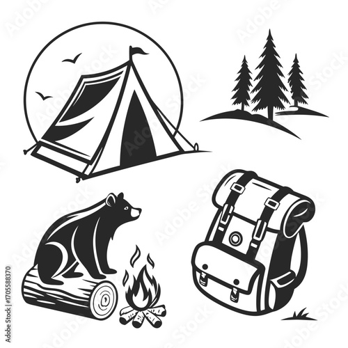 Outdoor Adventure Icons with Tent Bear Campfire and Backpack in Black and White camping