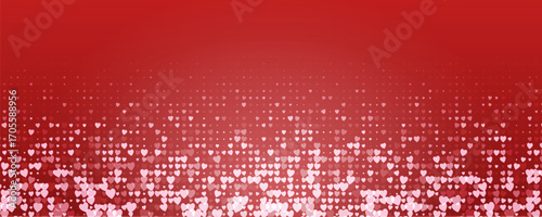 Valentine Love Heart Background On Red With Soft Bokeh And Falling Confetti, Gradient Space For Text, Perfect For Wedding, Greeting, And Romantic Holiday Designs. Vector Illustration