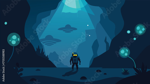 Lone diver explores mysterious underwater cavern illuminated by ethereal blue glow