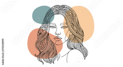 Elegant Woman Portrait with Abstract Circles in Minimalist Line Art Style.