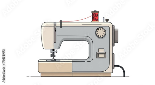 Vintage Sewing Machine With Red Thread Spool.