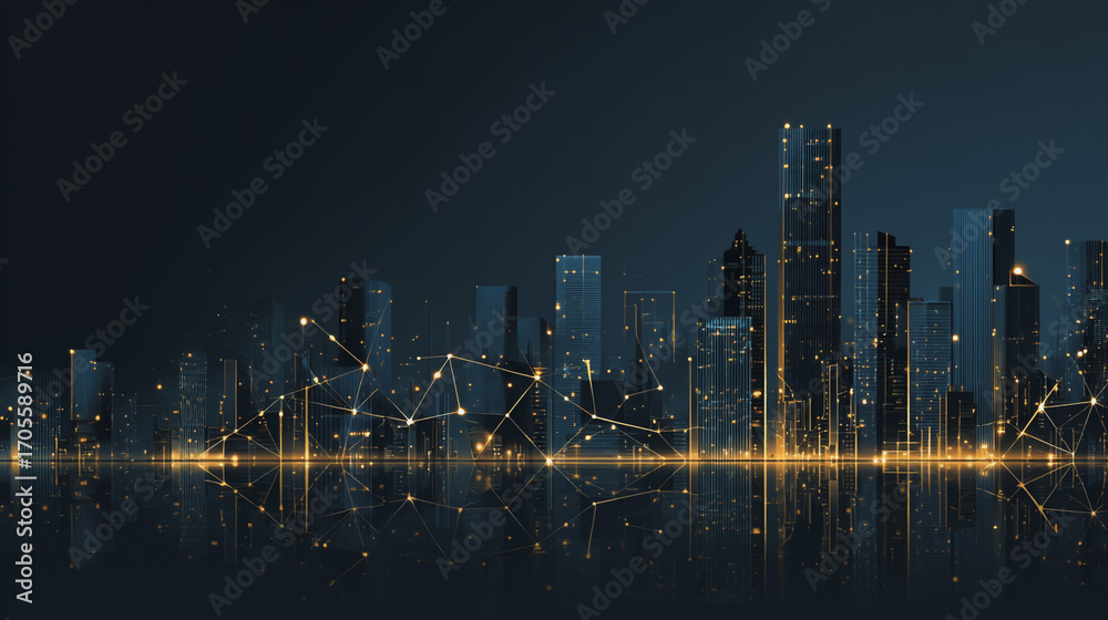 Fototapeta premium Sunshinea city of modern business and smart digital innovation with a network of interconnected rewards over the cityscape of the future smart wireless digital city and social media network