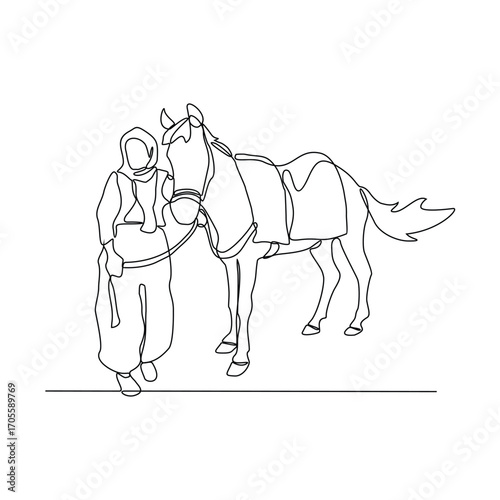One continuous line drawing of Equestrian activity vector illustration. Equestrian themes illustration in linear style vector concept. Great design for social campaign and animal business purpose.