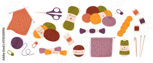 Yarn and threads, skeins of wool, for knitting and crocheting. Handmade hobby concept.
