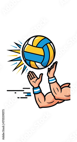 Volleyball player serving a ball with strong arms.