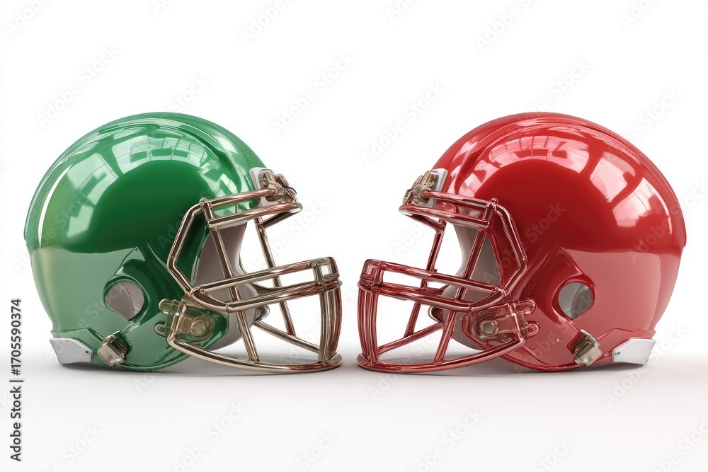 Fototapeta premium Two opposing football helmets, green and red, face off