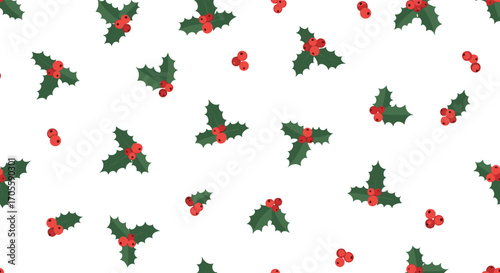 Christmas Holly Berries Seamless Pattern Festive Background.