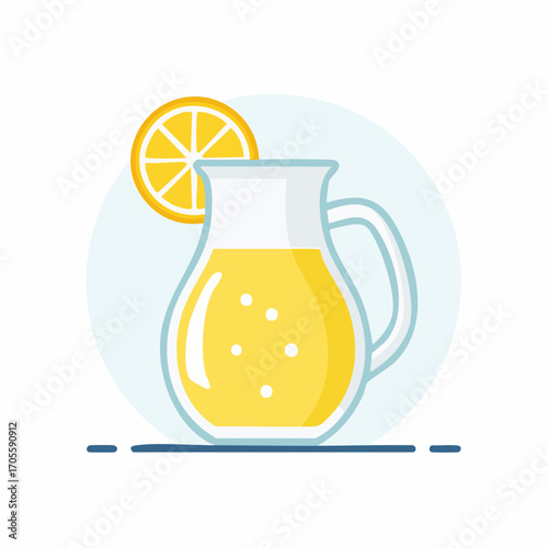 Glass Pitcher Of Lemonade With Lemon Slice On Light Blue Background