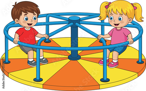 Children, playground, merry-go-round, spinning, fun, outdoor, activity, summer, joy, colorful, equipment, motion, happiness, childhood, recreation, cartoon, illustration, kids, amusement, pigtails