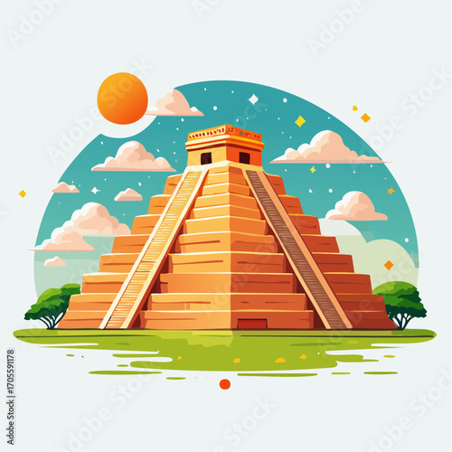 Pixel Art Of Chichen Itza Mayan Pyramid Temple At Sunset